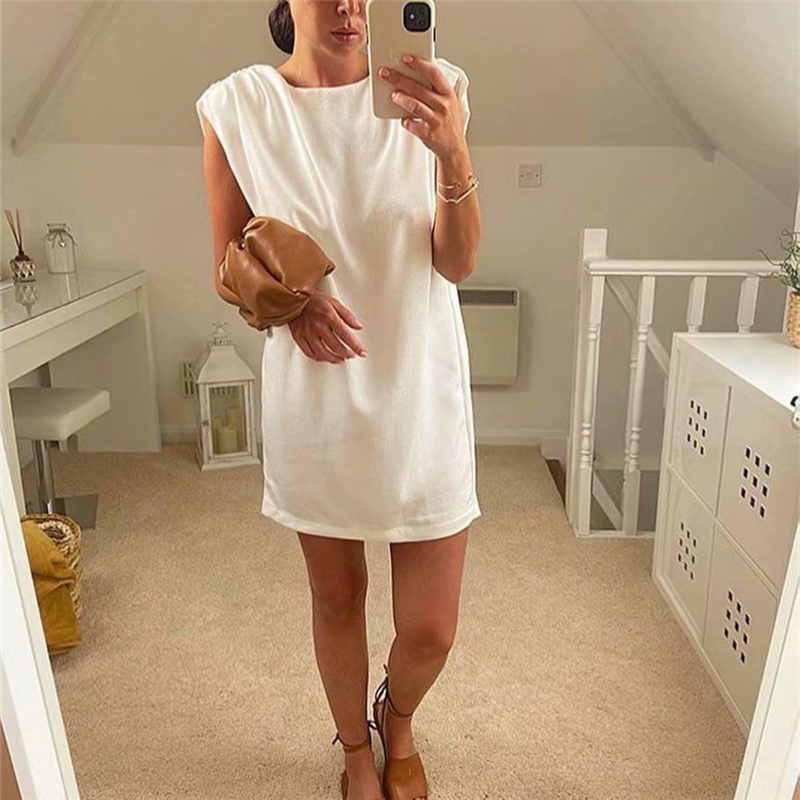 Elegant Woman White Shoulder Padded Vest Dress Summer Fashion Female Sleeveless Mini es Ladies Chic Loose 210515