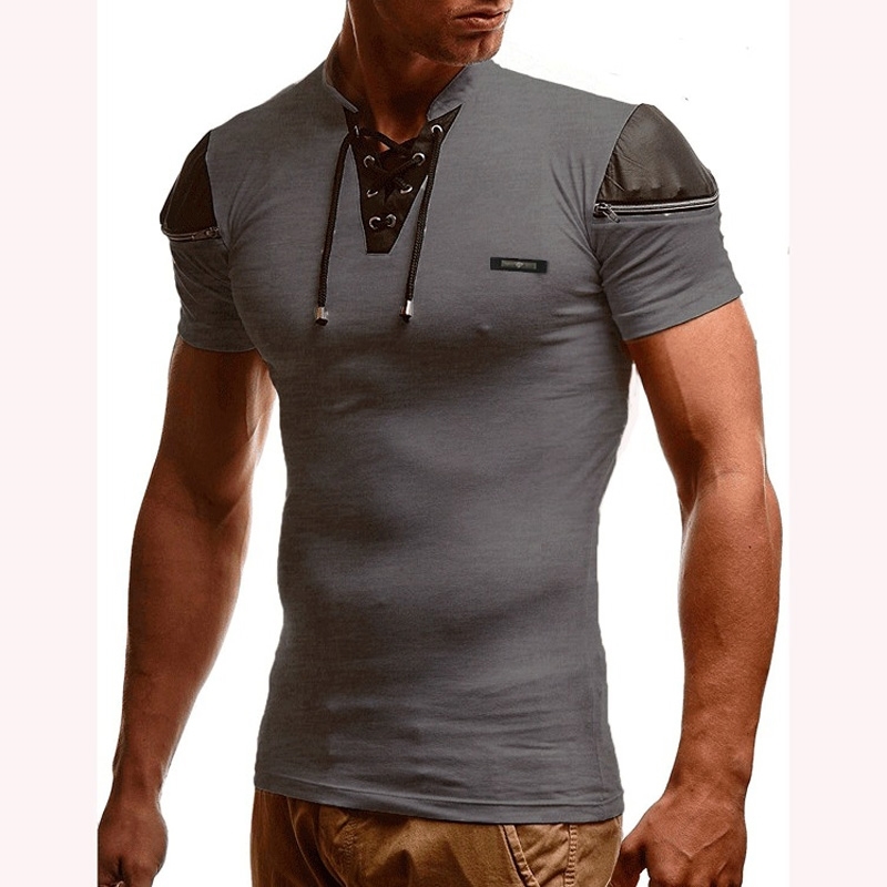 Mens Sexy Bandage Hollow Out White V Neck T Shirt Male Patchwork Leather T-shirt Men Hip Hop Streetwear Zipper Camisetas Hombre 210629
