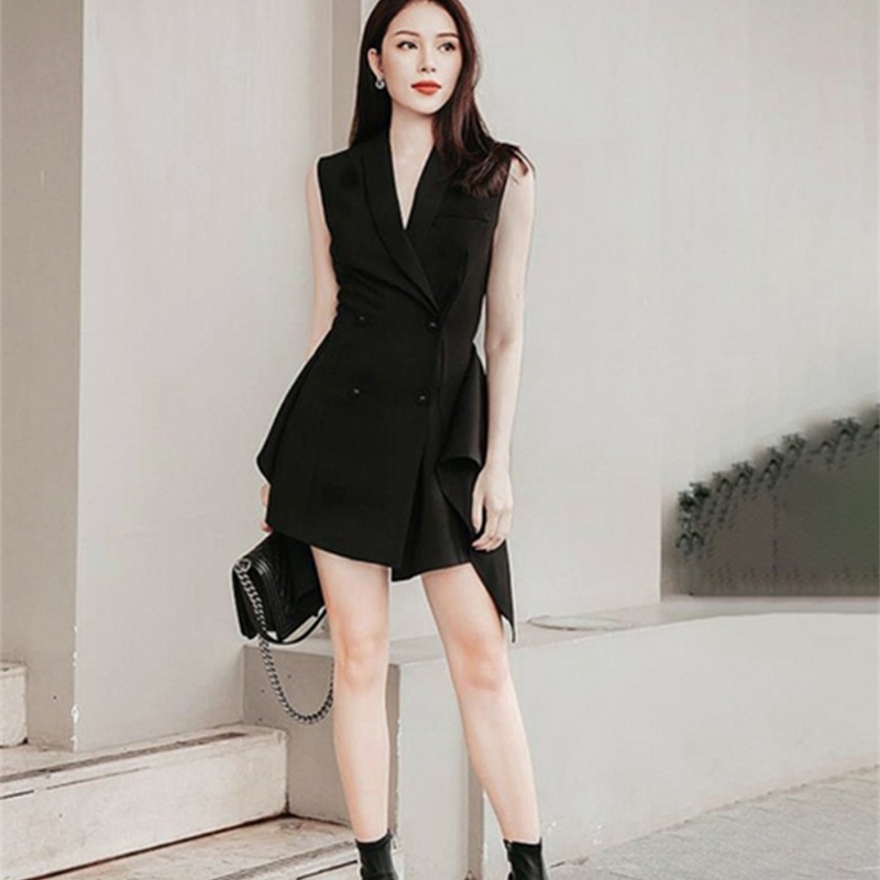 Korean Fashion Double Breasted Women Dress Summer Office Ladies Sleeveless Ruffles Formal Notched Bodycon 210519