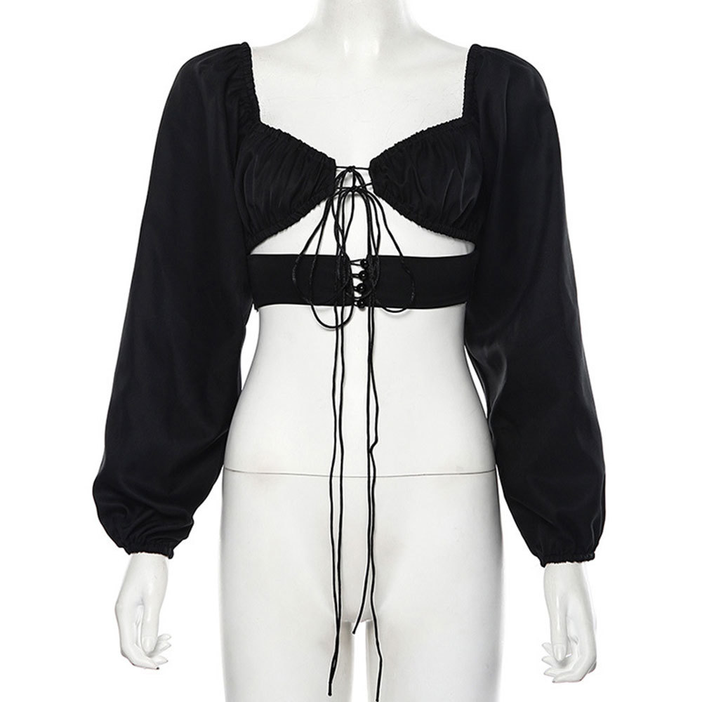 French Romance White Crop Tops Elegant Long Sleeve Hollow V Neck Blouse Casual Solid Shirt Sexy Top Club Clothing 210428