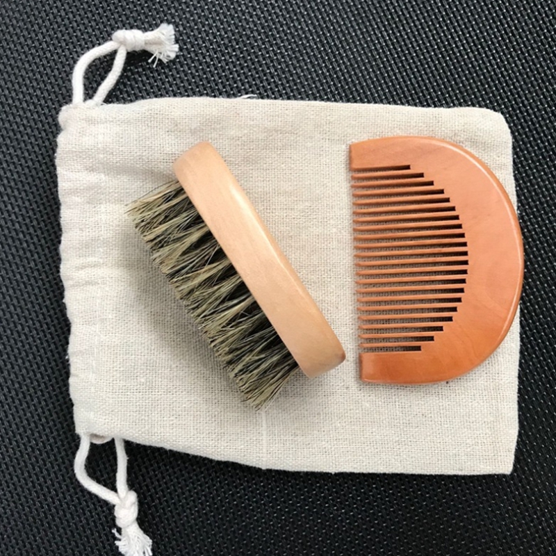 3 in 1 kits 8x4x3cm Mini Wood Bristles Beard Brush aftershave Men wooden brushes + Mustache Comb with pouch