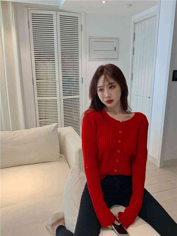 autumn korean style knittd cardigans womens loose Vintage Red slim sweaters cardigan womens tops (R99482) 210423
