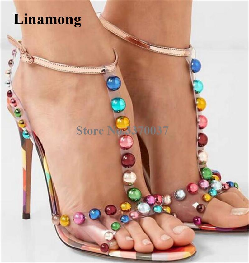 Women Charming T-strap PVC Mixed-colors Beaded Rhinestone Stiletto Heel Sandals Crystal Studded Transparent High, Black
Women Charming T-strap PVC Mixed-colors Beaded Rhinestone Stiletto Heel Sandals Crystal Studded Transparent High, Black