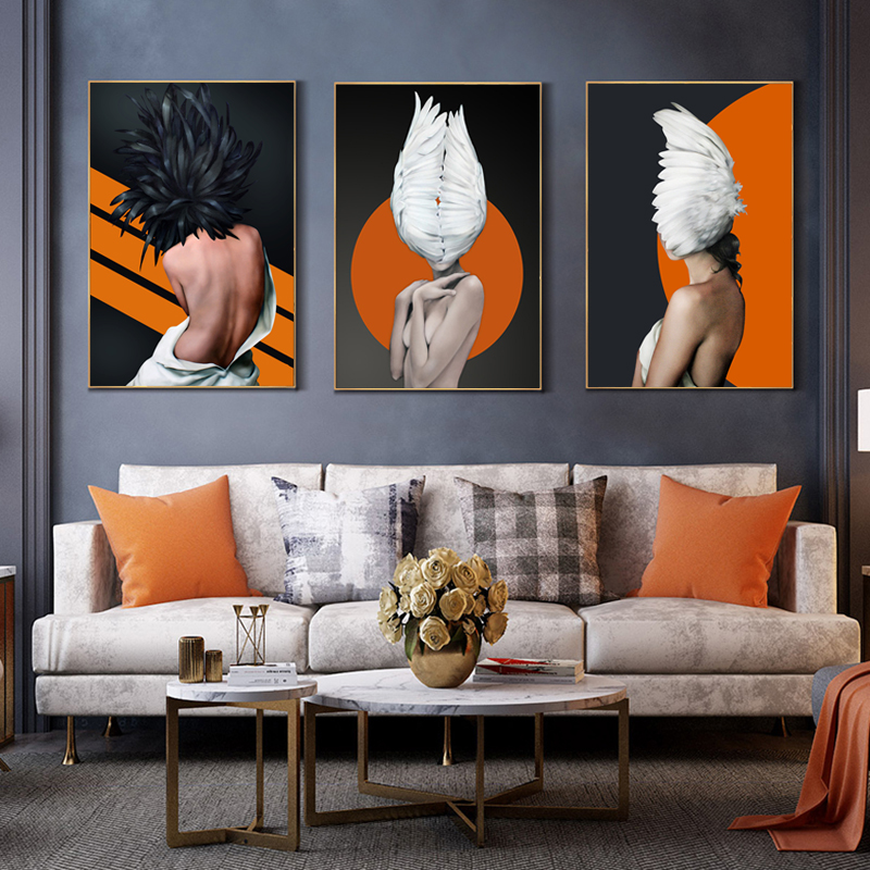 Orange Woman Nordic Posters Feather Fashion Painting Canvas Prints Wall Art for Living Room Modern Sofa Home Decor Sexy Girl