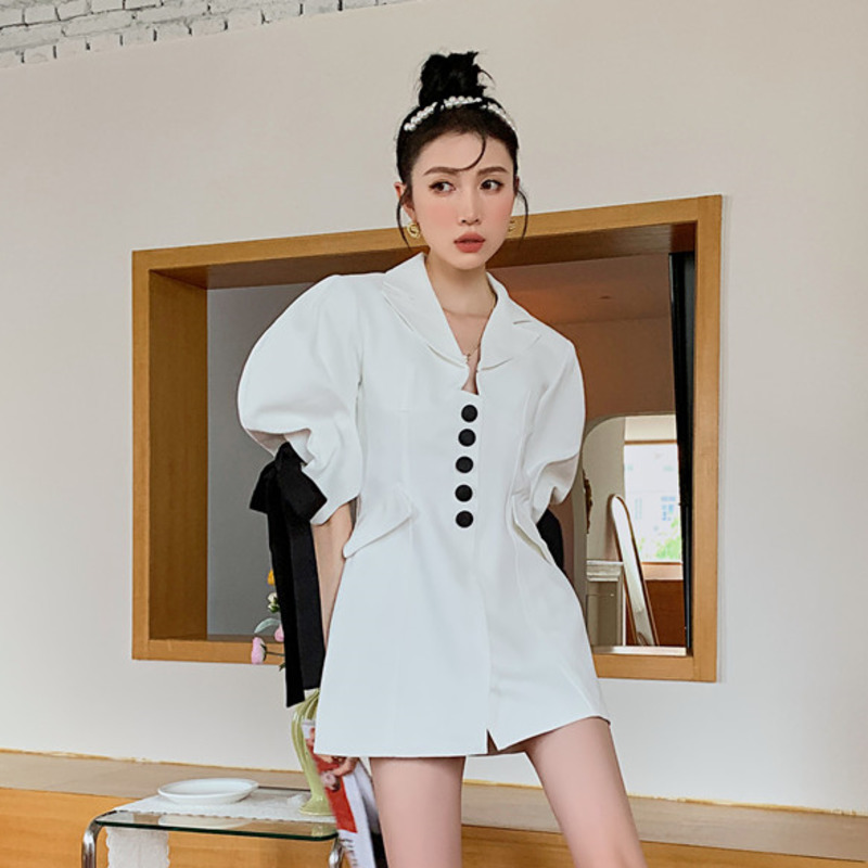Women Dress Lapel Collar Bubble Sleeve Single Breasted Bow Ribbon Temperament Fashion Summer 2H802 210526
