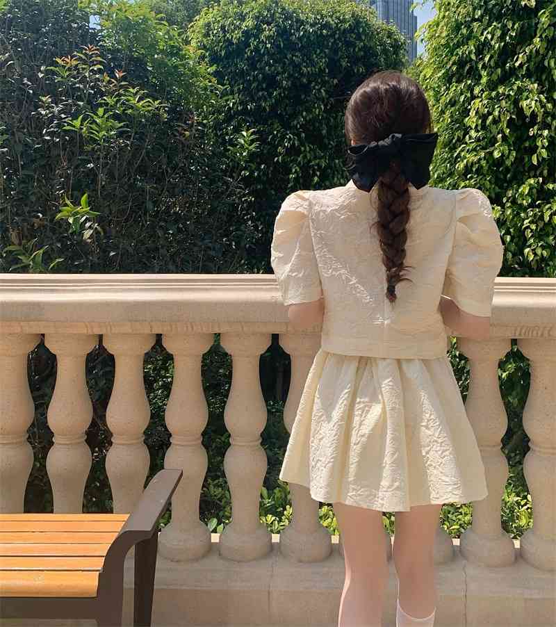 French Elegant 2 Piece Sets Fashion Sweet Peter Pan Collar Puff Sleeve Shirt Top + High Waist Mini Skirts Women Set Femme 210519