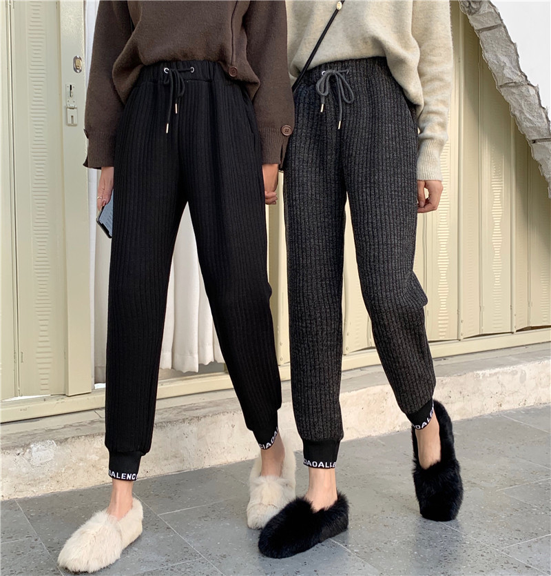 Nomikuma Knitted Letters Harem Sweatpants Causal Lace Up Stretch Waist Trousers Autumn Winter Thicken Women Sweater Pants 6C764 210427