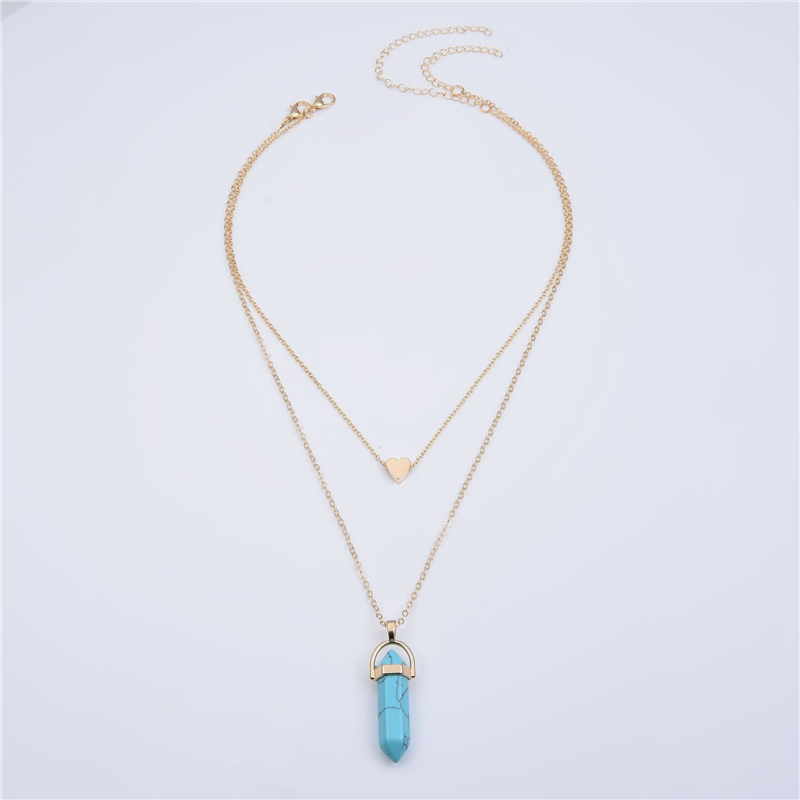 Natural Stones Heart Necklace Fashion Crystal Quartz Chakra Bullet Hexagonal Prism Point Healing Pendant Necklaces Double Layer Gold Chain for Women P