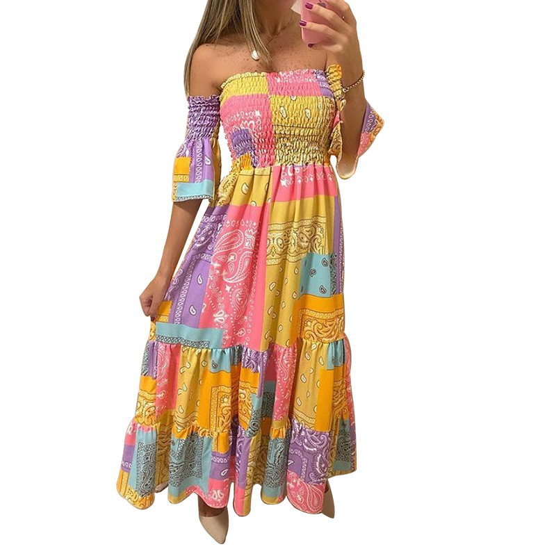 Women Dress Printed Bohemia es Sexy Long Print Floral Maxi Slash Neck Off Shoulder Summer es