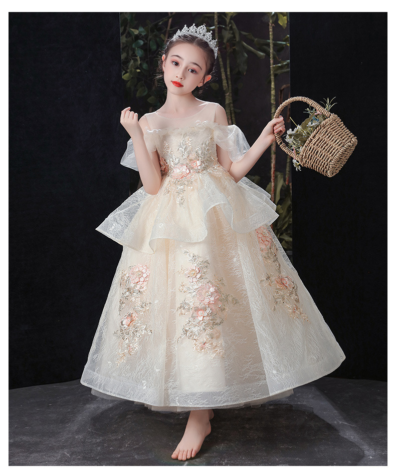 Champagne Girls Kids Wedding Flower Princess Party Pageant Dresses Sequins Appliques Girl Evening Dress Long Vestidos 403