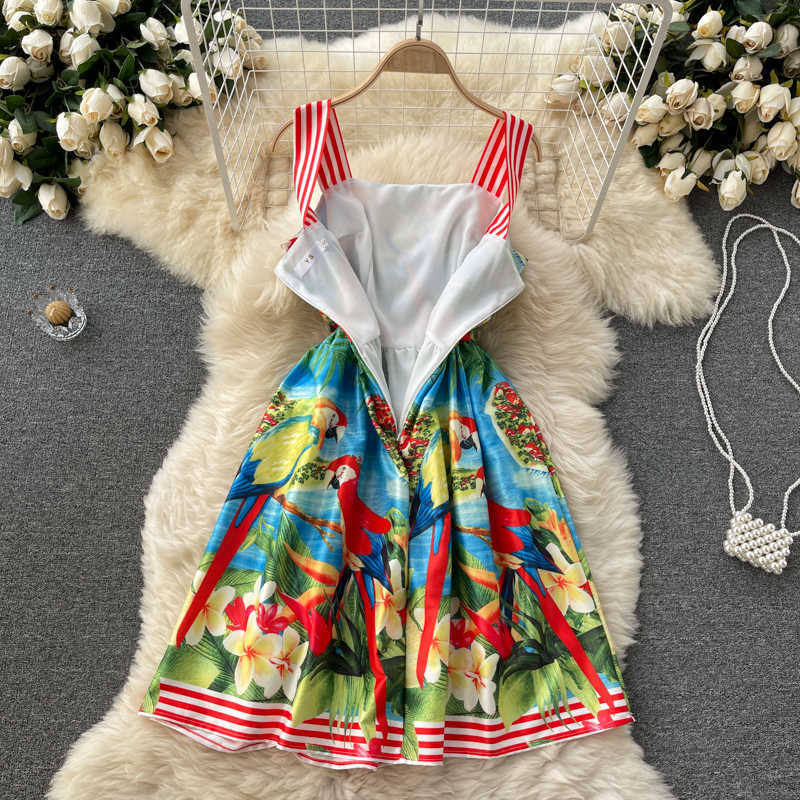 DEAT Women Strap Printing Dress Square Collar Sleeveless Arrivals Lady Temperament Fashion Spring Summer 11D571 210709