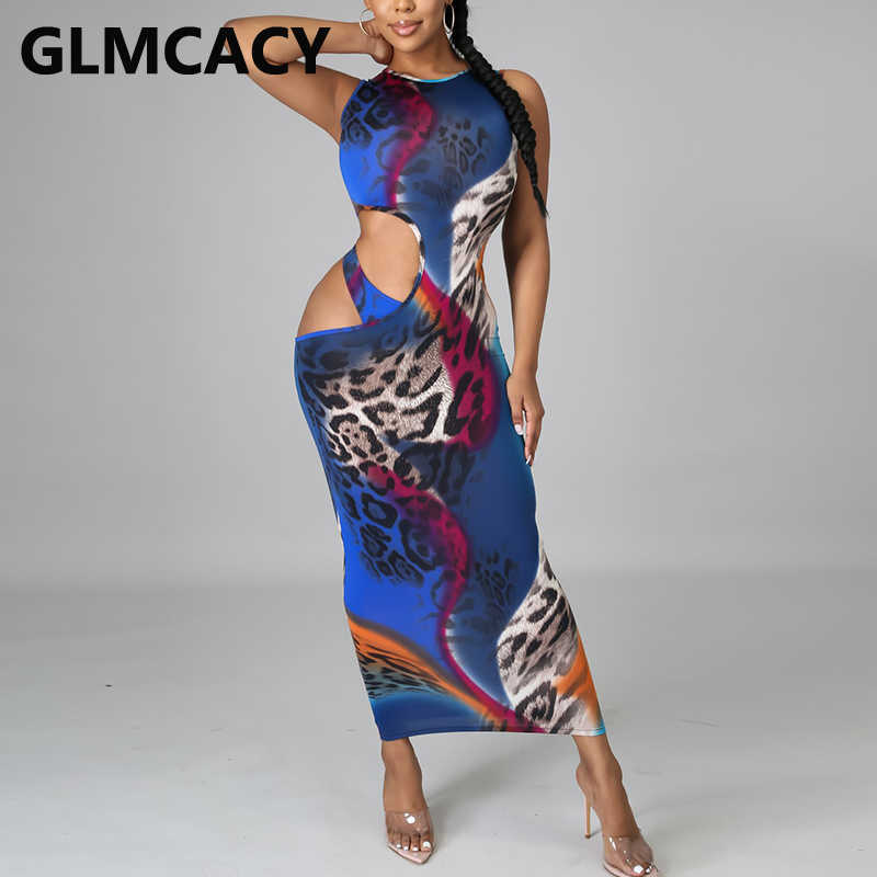 Sleeveless O Neck Cut Out Dress Sexy Leopard Slim Maxi Dresses 210702