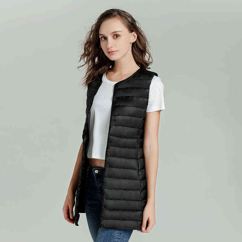 Bang Matt Fabric Women's Long Vest Ultra Light Down Women Waistcoat Female Coat Slim Sleeveless Without Collar 211120