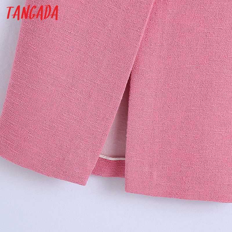 Tangada French Style Women Buttons Front Slit Pink Tweed Midi Skirt Vintage High Waist Zipper Female Skirts Mujer BE520 210621