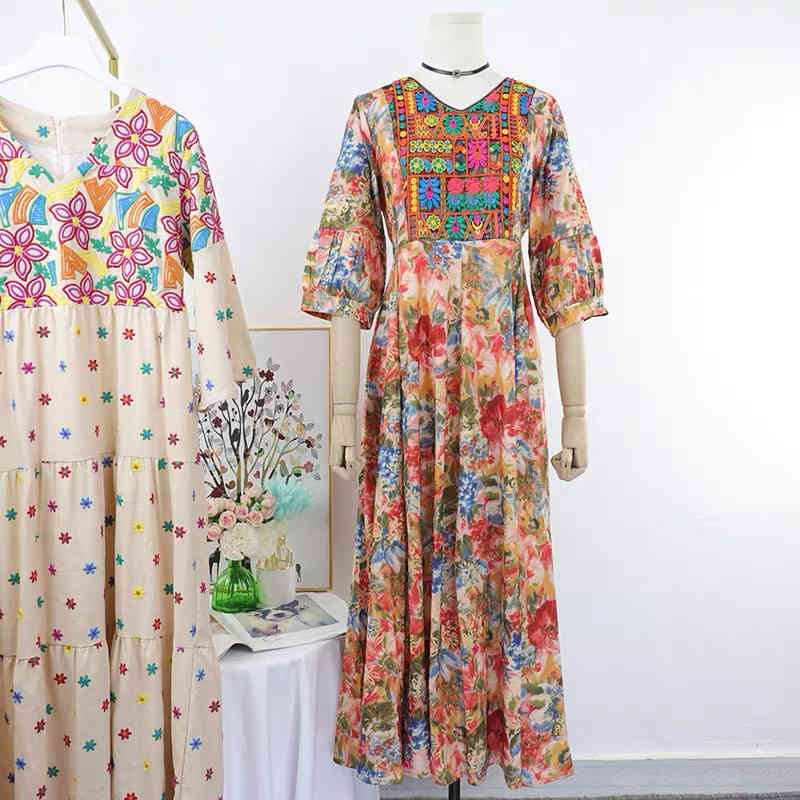 vintage flower embroidery v-neck maxi dress bohemian vocation beach summer high waist dresses women A-line robe majer 210421