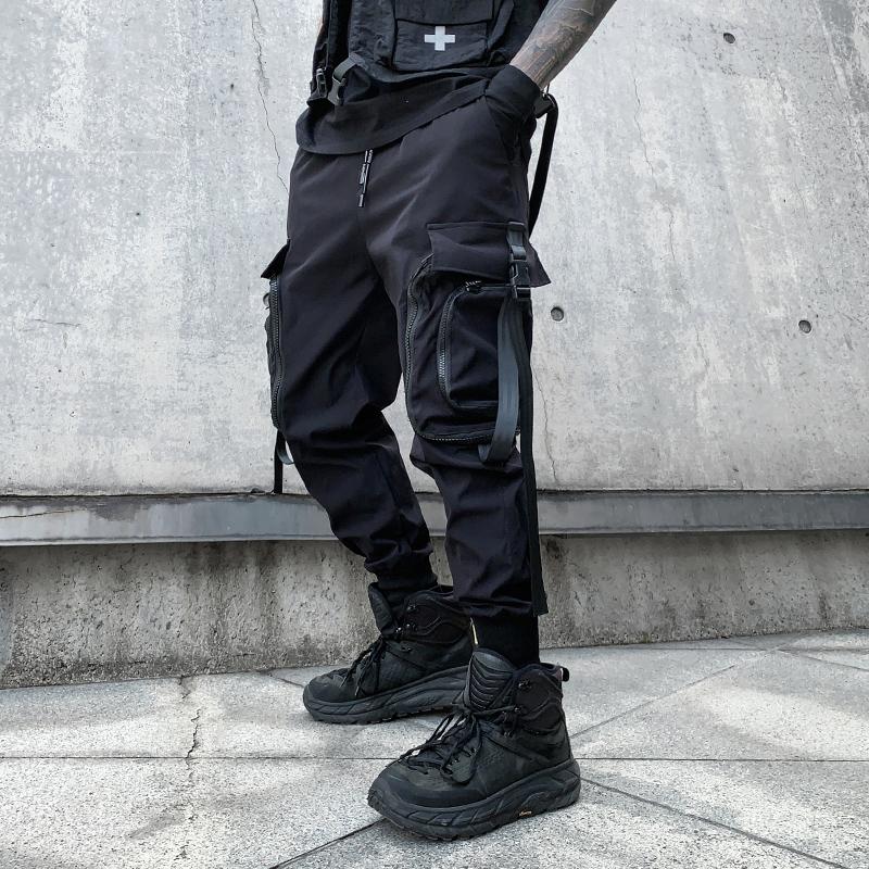 Zipper Big Pockets Ribbons Hip Hop Men's Harem Ripped Sweatpants Joggers Trousers Male Fashion Punk Full Length Pencil Pants