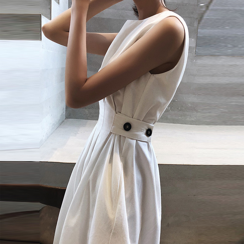 Summer Sleeveless Pockets Pleated Women Dress High Waist A-Line Female White Midi Dresses Elegant Fashion Ladies Solid Clothes 210409