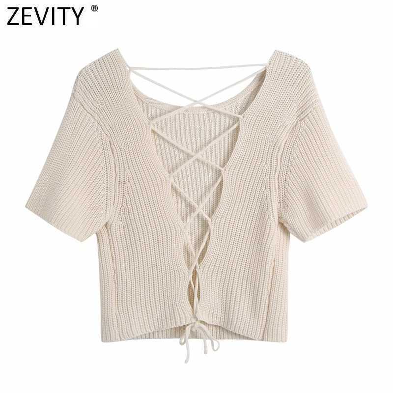 Zevity Women Solid Color Short Knitting Sweater Femme Chic Summer Sexy Backless Lace Up Casual Slim Pullovers Crop Tops SW830 210603