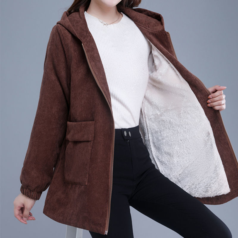 Plus Velvet Windbreaker Jacket Women Winter Casual Loose Korean Hooded Mid Long Corduroy Coat Big Size Trench Outwear Femme 210522
