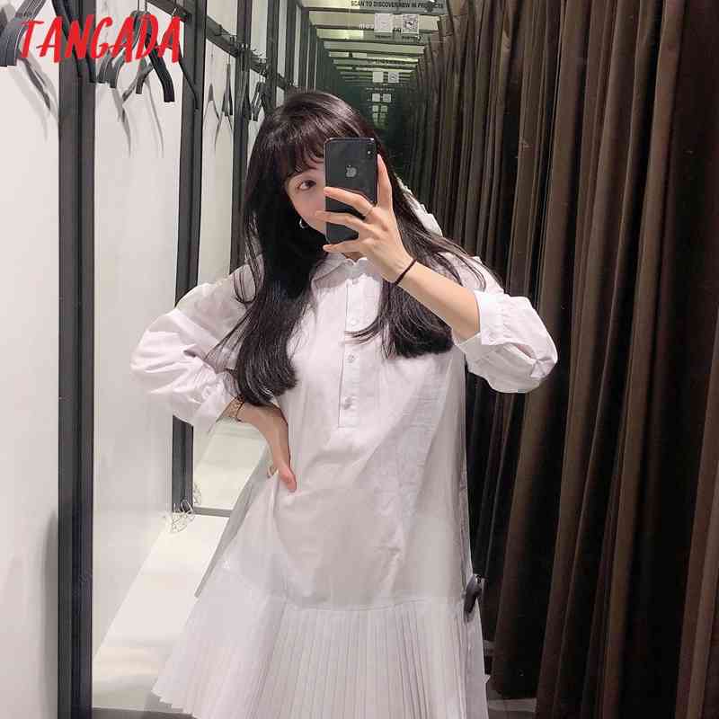 Women Chic Fashion White Pleated Shirt Dress Vintage Long Sleeve Female Dresses Vestidos BE469 210416