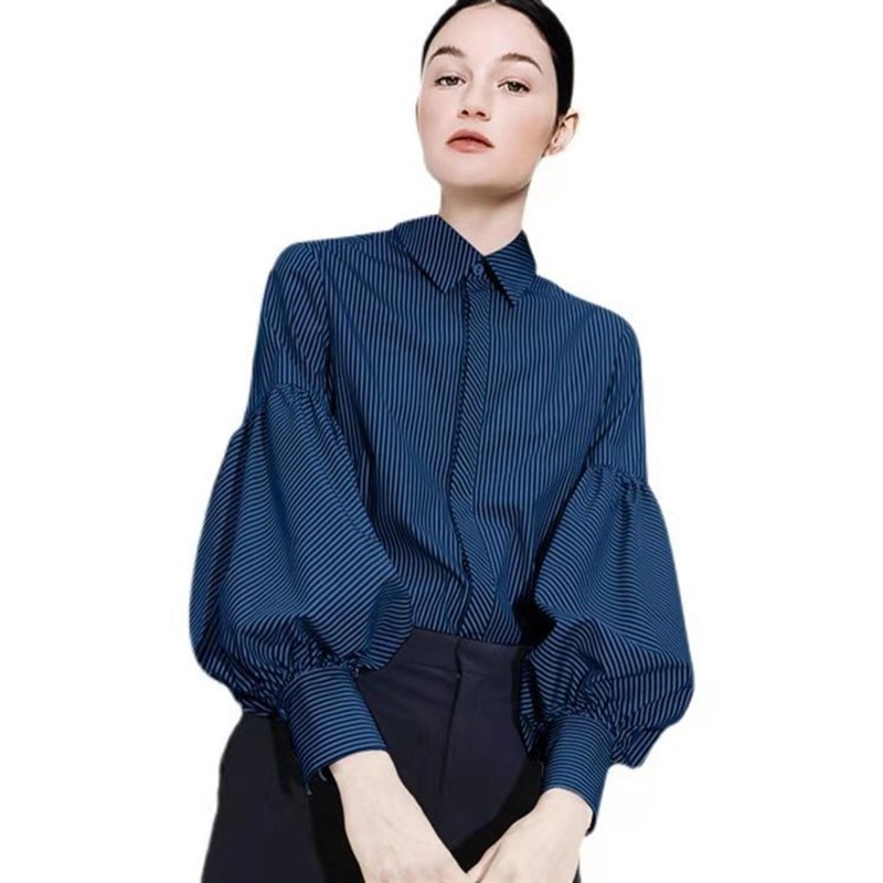 Arrival Spring/summer Women Loose Long Sleeve Turn-down Collar Blouse Striped Print Covered Button Casual Shirts W278 210512