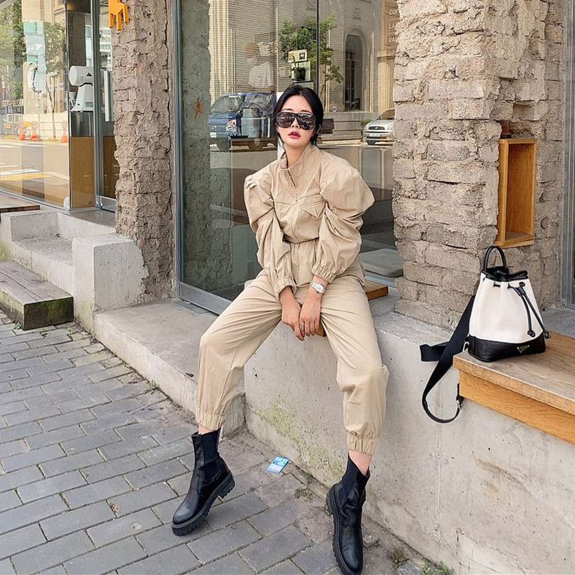 Arrivals Korean Spring Elegant Vintage Casual Stand Collar Long Sleeve Jumpsuits Women High Waist Rompers 210519