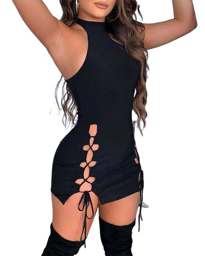 Summer Fashion Women Sexy Mini Dress Solid Hollow Out Lace-Up Sleeveless Bodycon Dress 210716