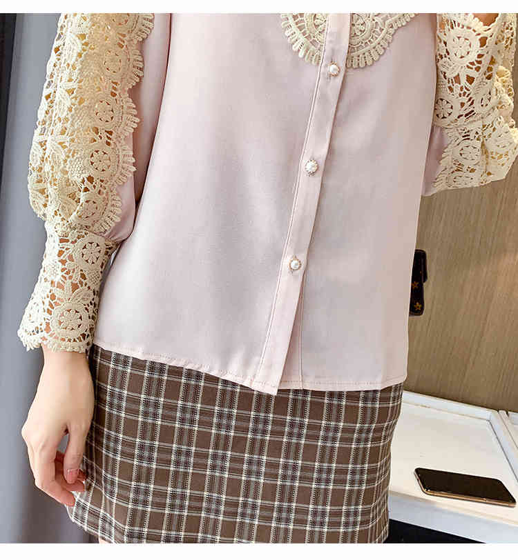Women's Lace Hollow Out Patchwork Blouses Single Breasted Female Tops Office OL Lady blusas Ropa De Mujer 210520