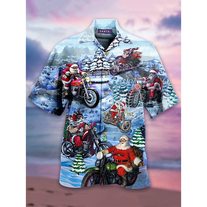 Christmas motorcycle print Hawaiian style men's short-sleeved shirt geometric print party beach daily casual top, White;black
Christmas motorcycle print Hawaiian style men's short-sleeved shirt geometric print party beach daily casual top, White;black