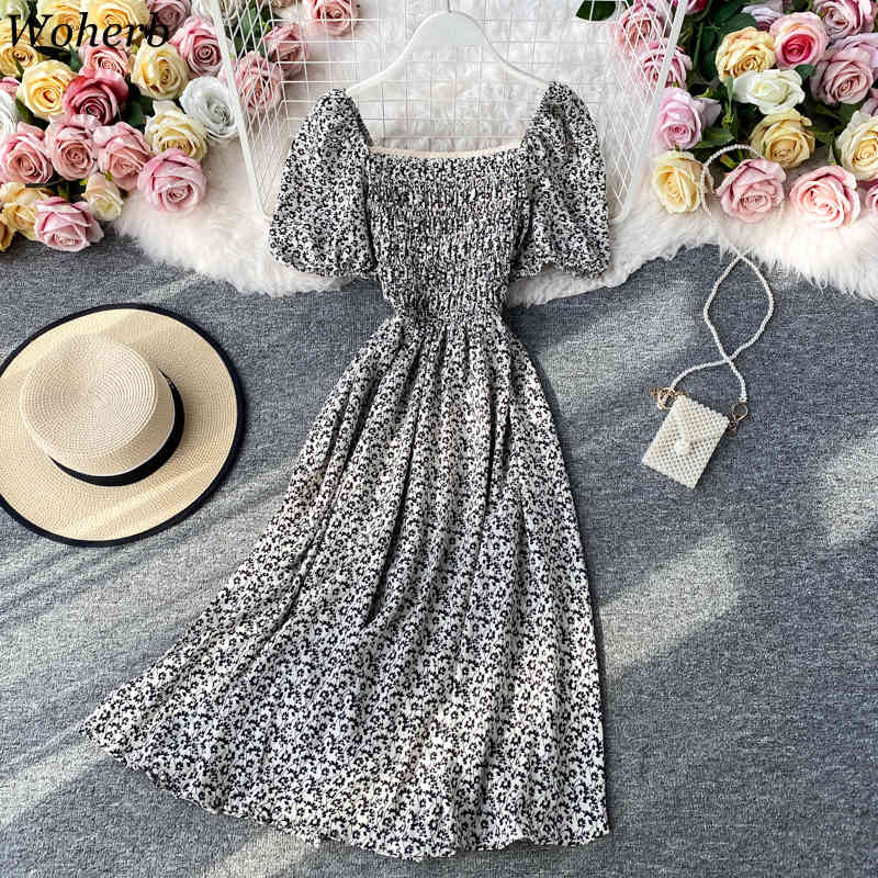 Summer Elegant Floral Dress Women Slim A Line Puff Sleeve Square Collar Dresses Ladies Korean Beach Robe Vestido 210519