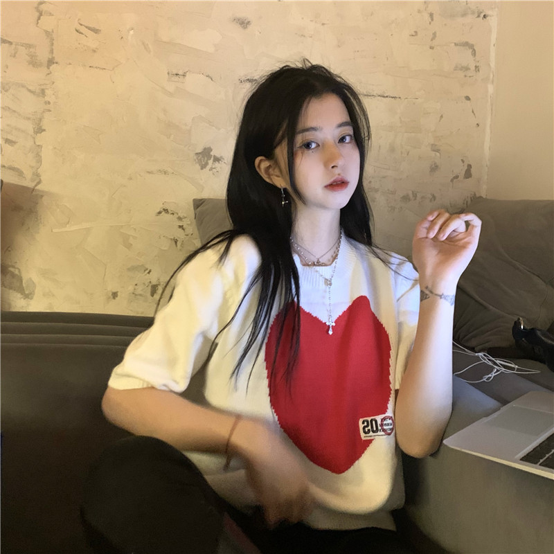 Nomikuma Short Sleeve Knitwear Tops Spring Korean Love Heart Knitted Pullovers Causal O-neck Hit Color Jumpers 6E990 210427