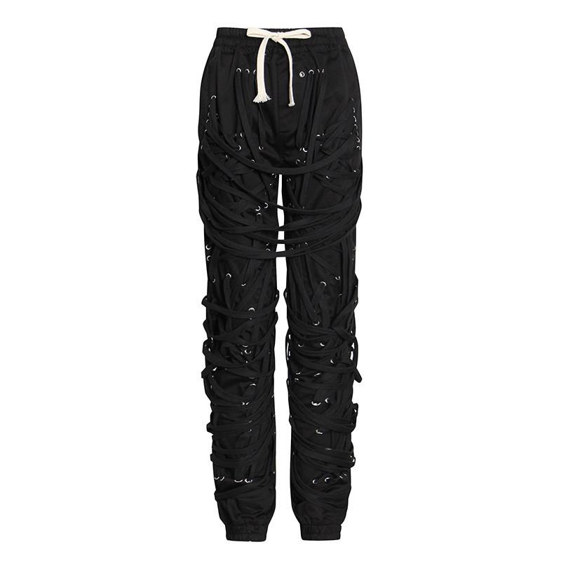 Fashion Personality Cross Bandage Pants Punk Style Long Trousers Joggers Elastic Waist Streetwear Men's