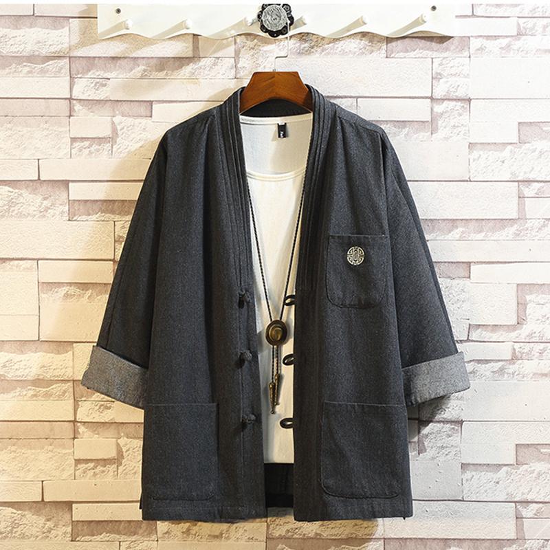 Chinese Style Tang Suit Denim Jacket Ancient Men Clothing Improved Han Japanese Kimono Cardigan Feather Weaving Robe Spring Men's Jackets
