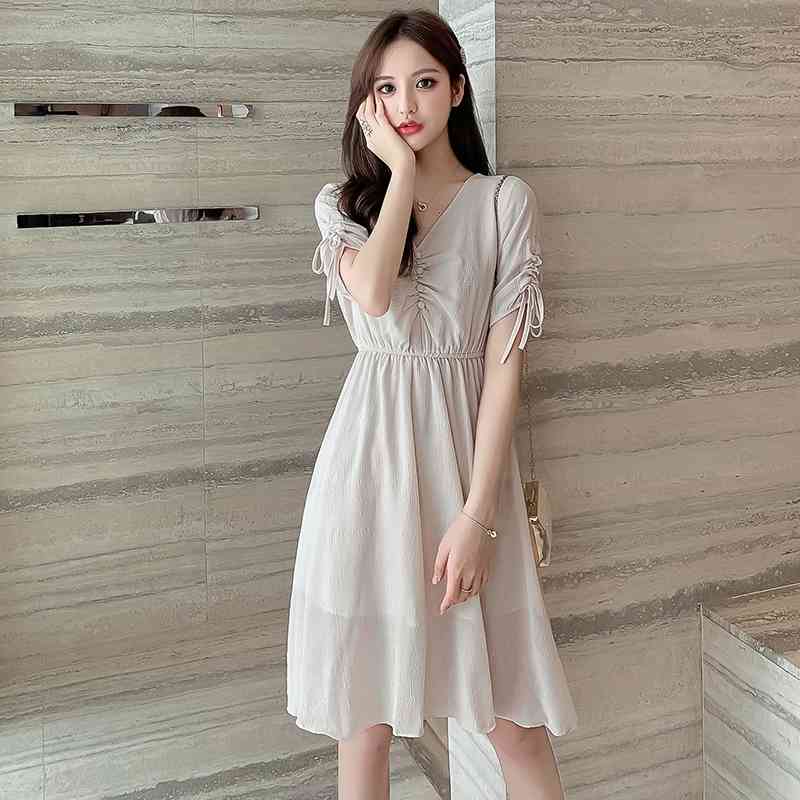 Paragraph Summer Women's Temperament Small Fresh Chiffon Dress High Waist V-neck Pile Sleeve Slim Mid Length A-line Skirt 210515