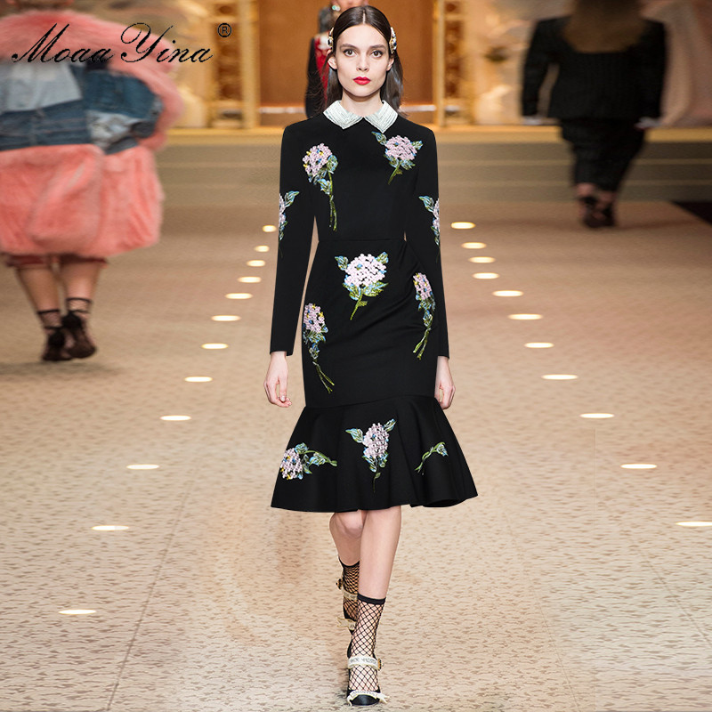 Autumn Women Dress Beaded turn-down collar Rose Embroidery drilling Black Slim Package hip Elegant Mermaid Dresses 210524