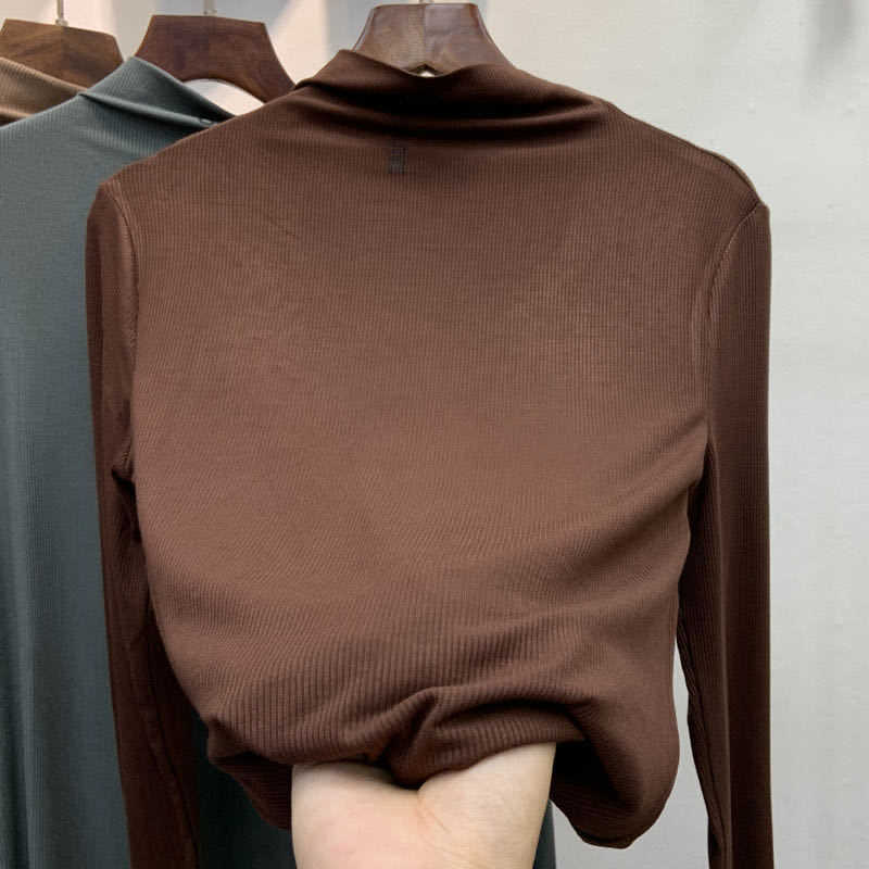 Autumn Winter Half High Collar Thin T-shirt Women Casual Long Sleeve Slim Bottoming Pullover Fashion Stretchable Soft Rib Tshirt 210526