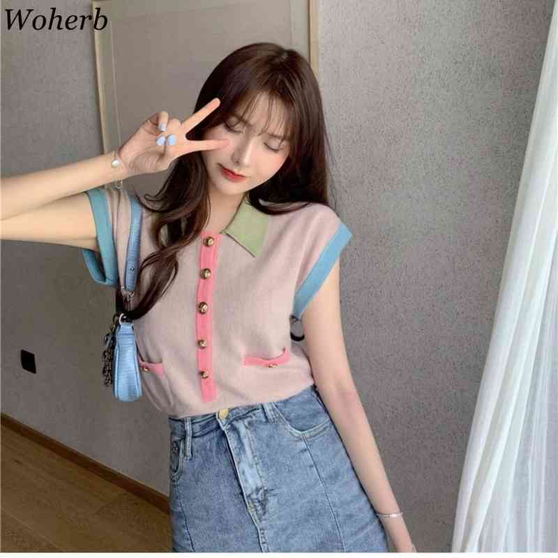Summer Thin Tee Short-Sleeved Contrast Color Patchwork Knit Cardigan Chic All Match Tops Casual Gentle T-shirts 210519
