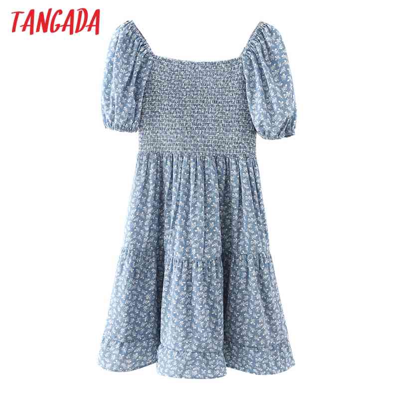 Women Flowers Pleated for Summer Short Sleeve Ladies Vintage Mini Dress Vestidos 3A37 210416