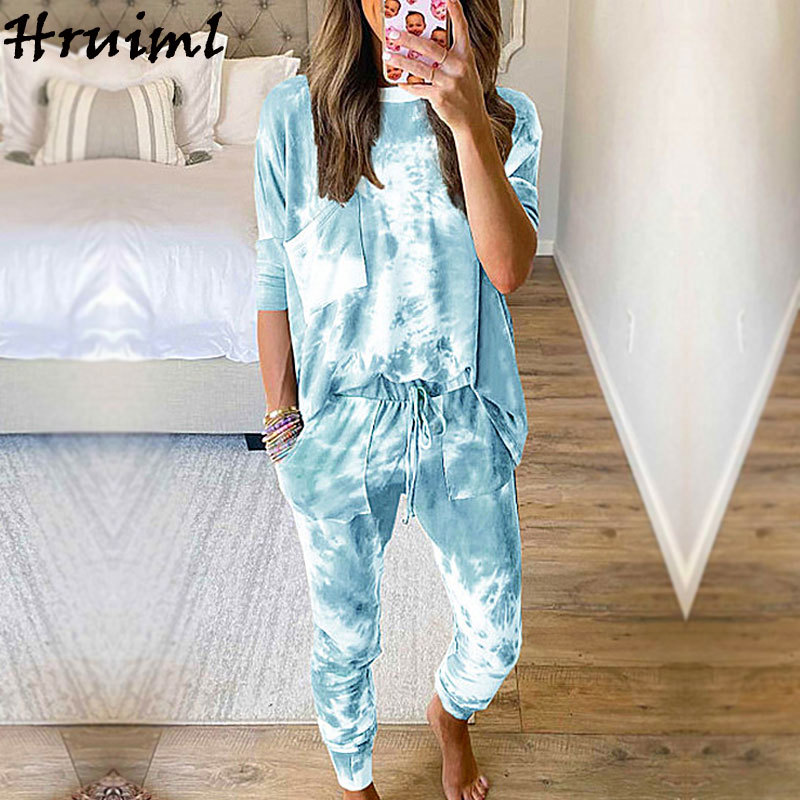 Two Piece Outfits Sets For Women Tracksuit Tie Dye Autumn Long Sleeve O Neck Loose Casual Womens Clothing Mujer Pantalones 210520
