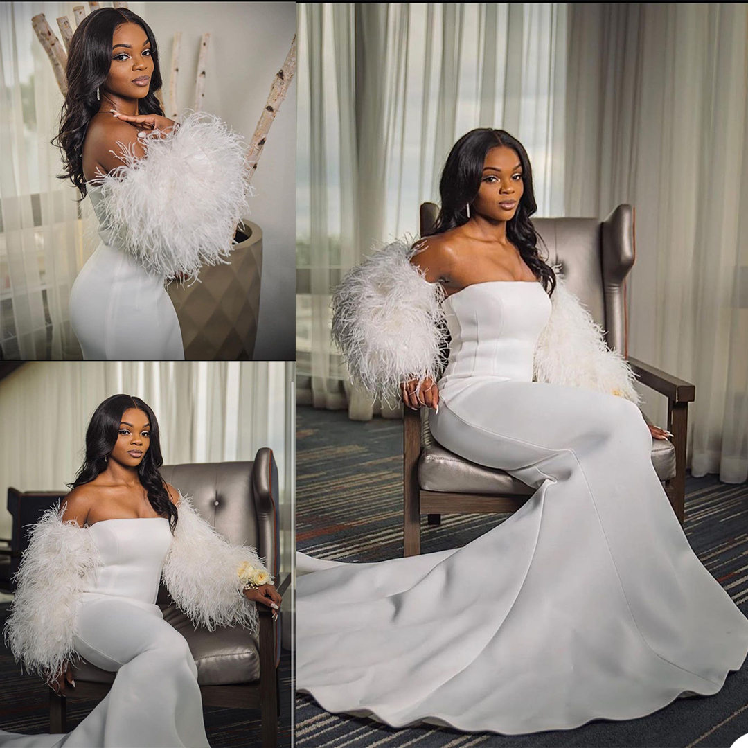 Elegant Mermaid Wedding Dress Feather Long Sleeve Strapless Bridal Gowns robes de mariée White Satin Sheath Bride Dresses, Red
Elegant Mermaid Wedding Dress Feather Long Sleeve Strapless Bridal Gowns robes de mariée White Satin Sheath Bride Dresses, Red
