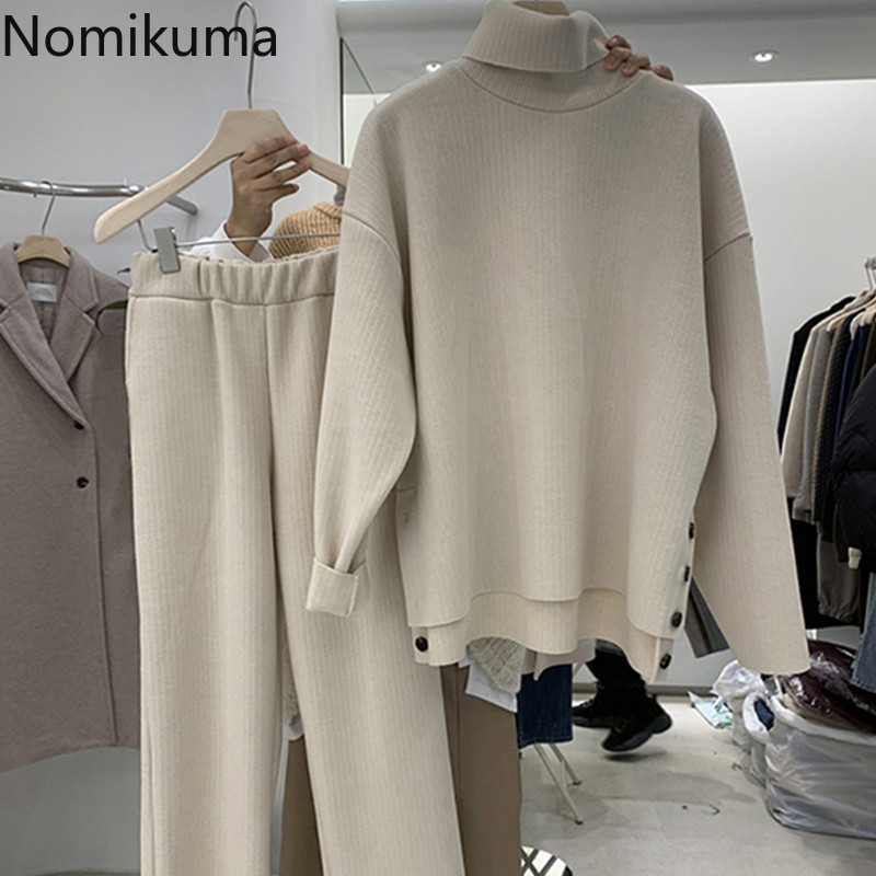 Nomikuma Spring New Two Piece Suits Turtleneck Long Sleeve Pullover Sweater + High Waist Wide Leg Long Pants Sets 6E814 210427