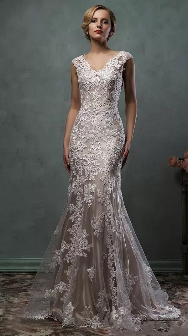 Vintage Amelia Sposa Full Lace Appliques Mermaid Wedding Dresses 2021 V-Neck Chapel Train Plus Size Bridal Party Gowns