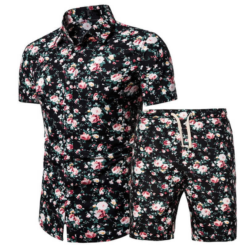 Mens Summer Set Casual Hawaiian Floral Print Shirt Set Men Beach Shorts 2 Piece Suit Breathable Fashion Male Clothing 210603