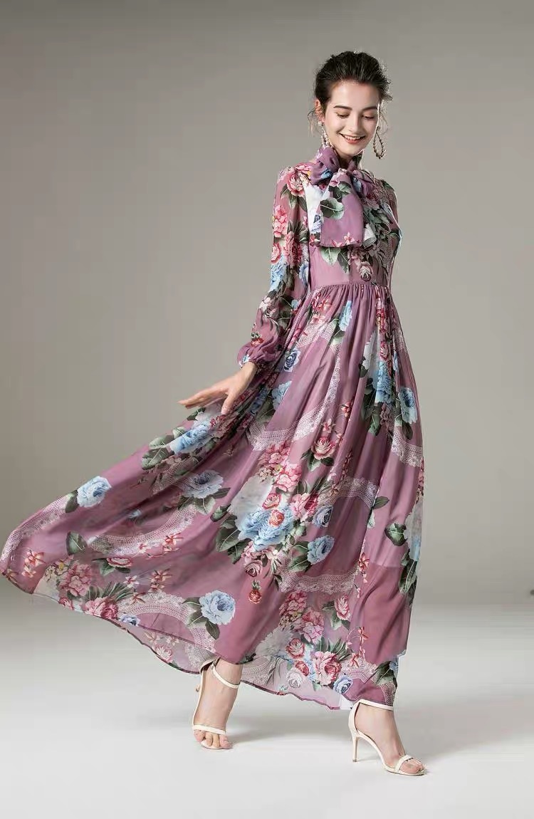 Summer Fashion Runway Maxi Dress Women's O-Neck Vintage Purple Flowers Print Holiday Boho Long Dresses Plus size 2xl 210421