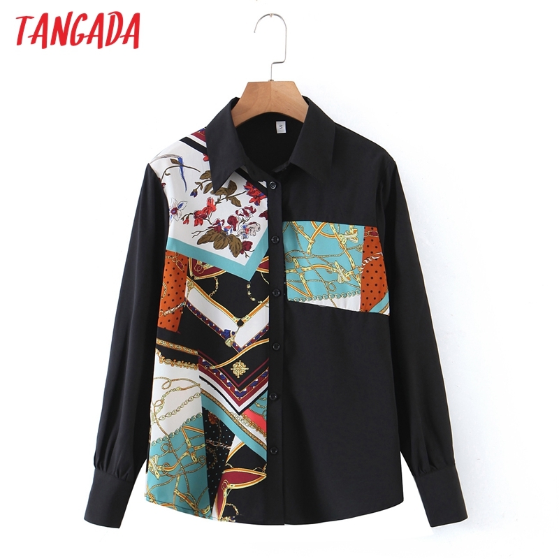 Women Vintage Print Chiffon Long Sleeve Spring Chic Female Casual Loose Shirt QW93 210416