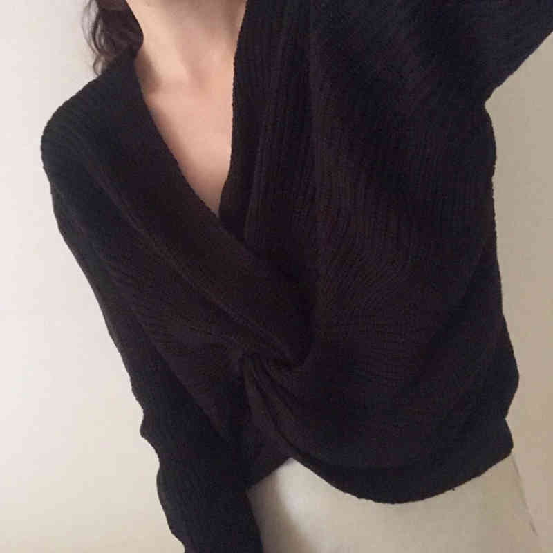 Women's Pullovers Korean-Style Back Wearable V-neck Short Section Long-Sleeved Knitted Sweater Autumn Clothes Women 916D 210420