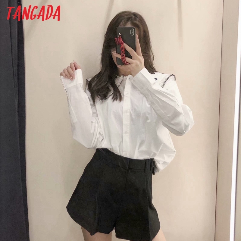 Women Retro Flowers Embroidery Oversize Collar Long Sleeve Chic Female Blouse Shirt Tops 3H51 210416