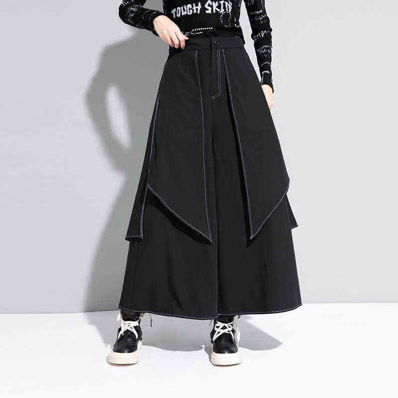High Waist Black Linen Split Joint Long Wide Leg Trousers Loose Fit Pants Women Fashion Spring Autumn 1DA613 211115