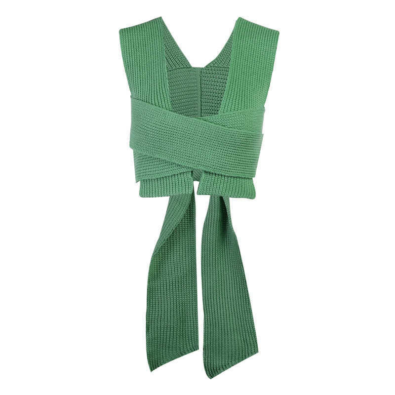 OMCHION Pull Spring Summer Bow Cross Strap Knitted Sweater Vest Women Sexy Crop Top DIY Tie Clothing Sleevless Jumper LN08 210819