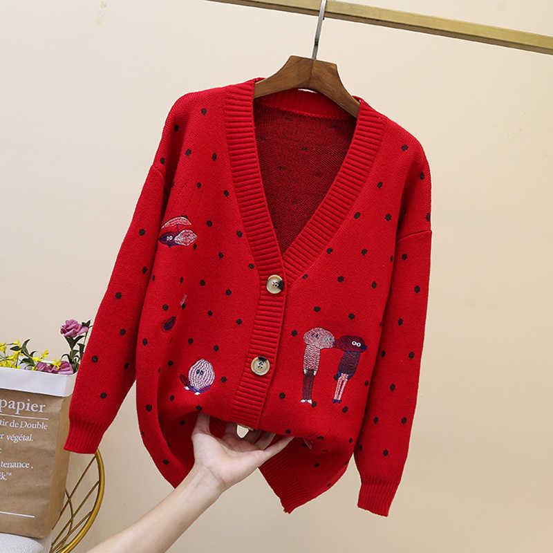 AZYT Autumn Dot Cartoon Print Knit Cardigan Women V Neck Long Sleeve shirt Tops Female Harajuku Sweater Coat 211018